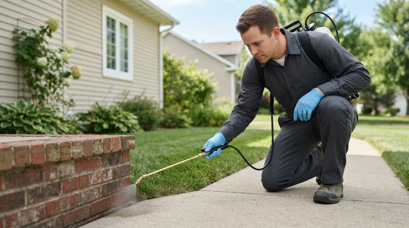 Pest control technician treating a home near Hornick, IA