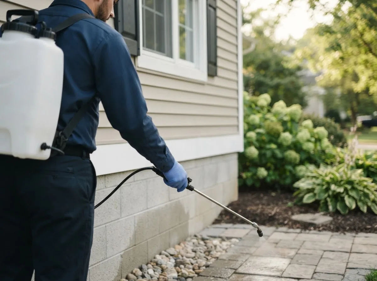 Pest control technician inspecting a home in Hornick, IA